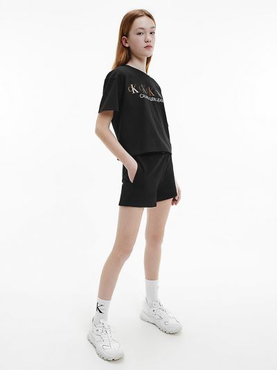Calvin Klein Ruhák HU204883 | Calvin Klein Organic Cotton Metallic Logo Lány Póló Fekete